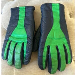 Vintage leather gloves Colorblock Lined ZERO navy blue green fun strange warm